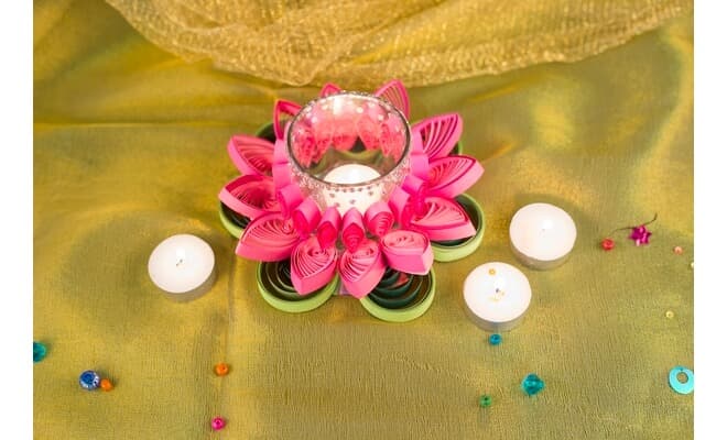 Diya Decoration Idea with Quilled Flowers