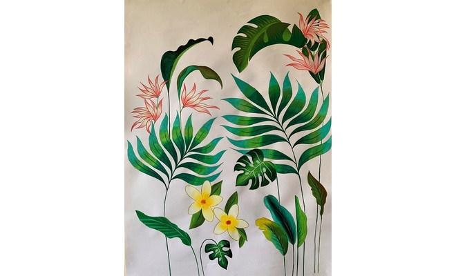 Wall Painting With Tropical Trees And Flowers